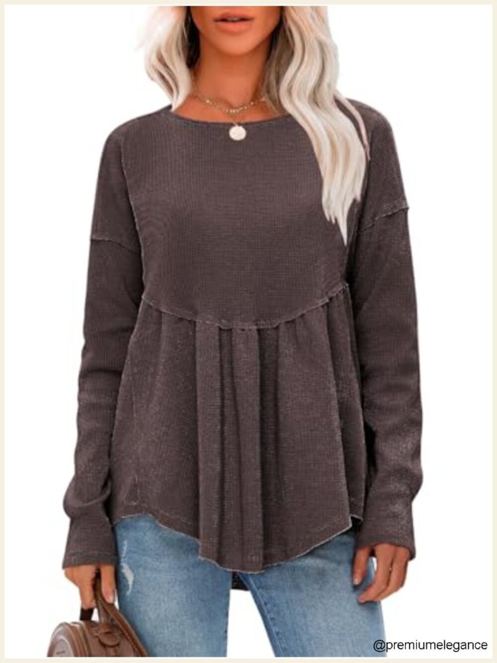 Waffle Knit Long Sleeve Tunic Top Blouse Loose Fit Babydoll Crewneck Blouse
